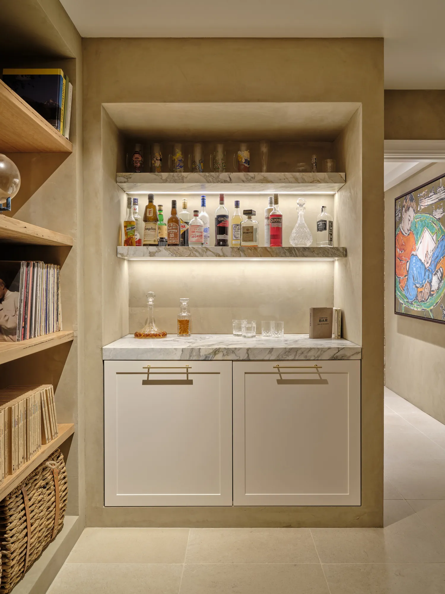 Basement bar and record shelving.