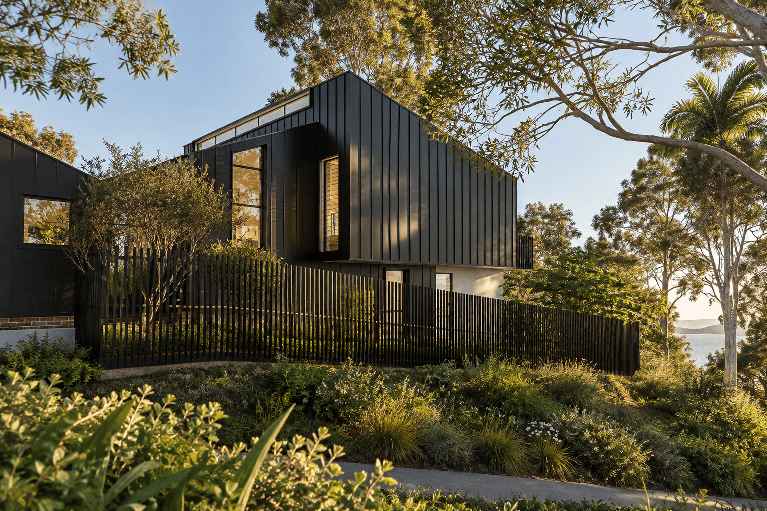 Arrival view of Oatley House showing the landscaped driveway, dark-clad pavilion forms, covered entry and mature trees.