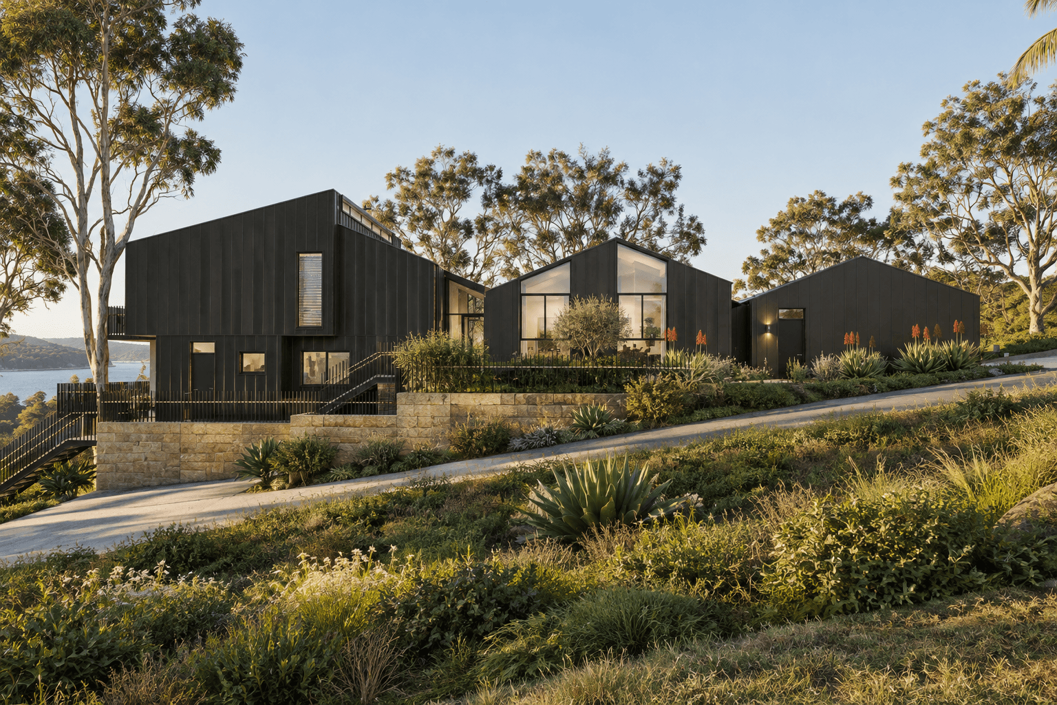 Street view of the proposed Oatley House, showing the dark-clad garage and entry integrated into the landscaped sloping site.