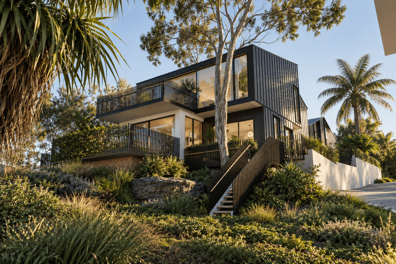 Garden view of Oatley House showing the existing home, dark-clad upper addition, external stairs and established subtropical landscaping.