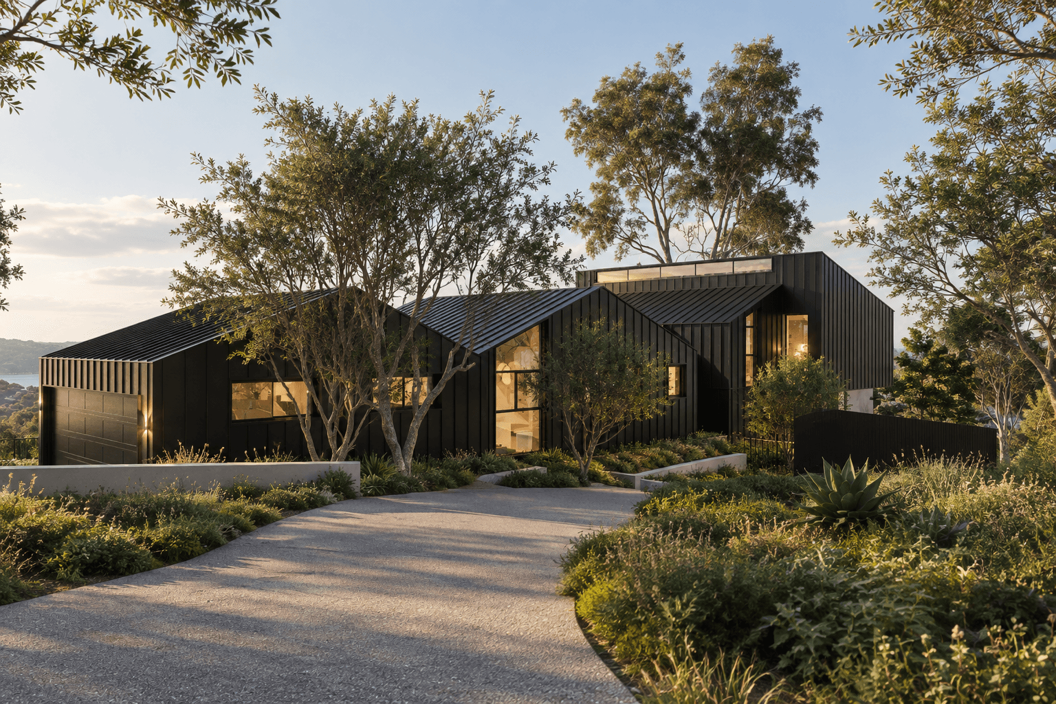Arrival view of Oatley House showing the landscaped driveway, dark-clad pavilion forms, covered entry and mature trees.