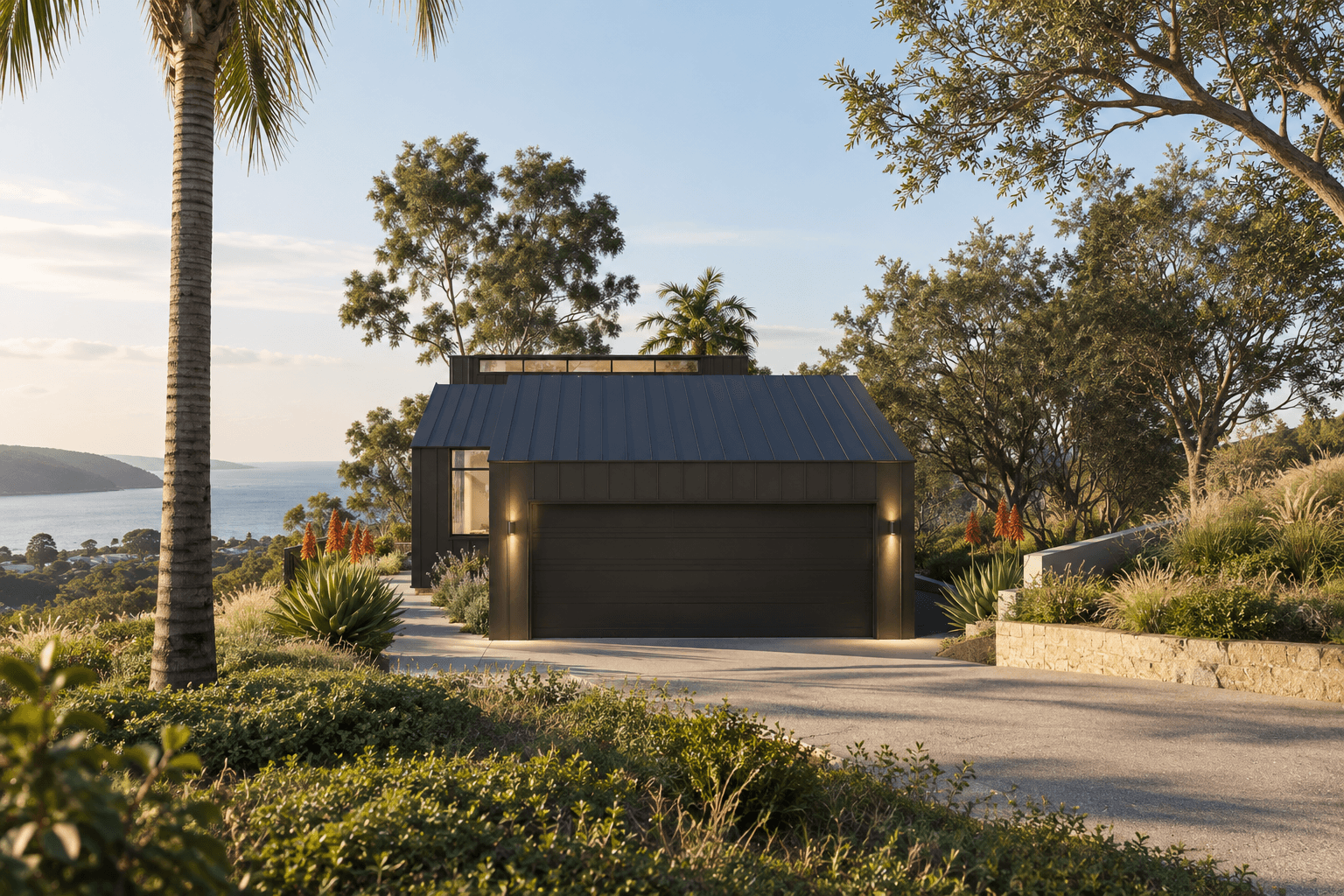 Street view of the proposed Oatley House, showing the dark-clad garage and entry integrated into the landscaped sloping site.