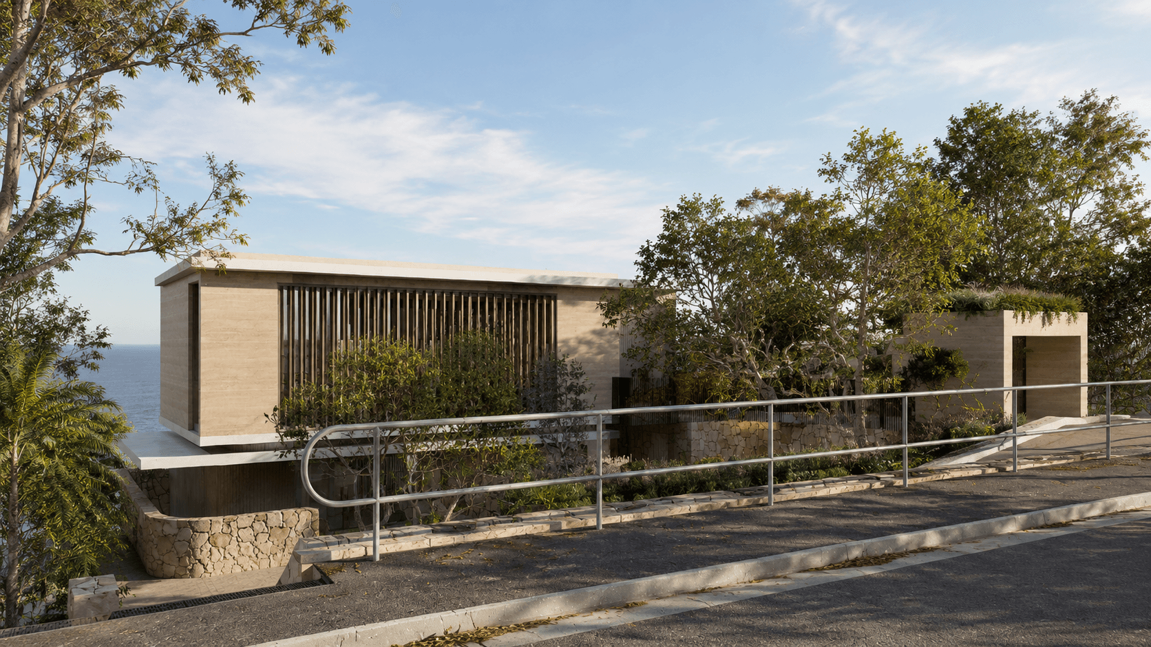 Contemporary single-storey home framed by mature trees, featuring a low-profile roof, natural timber detailing and a landscaped outdoor terrace.